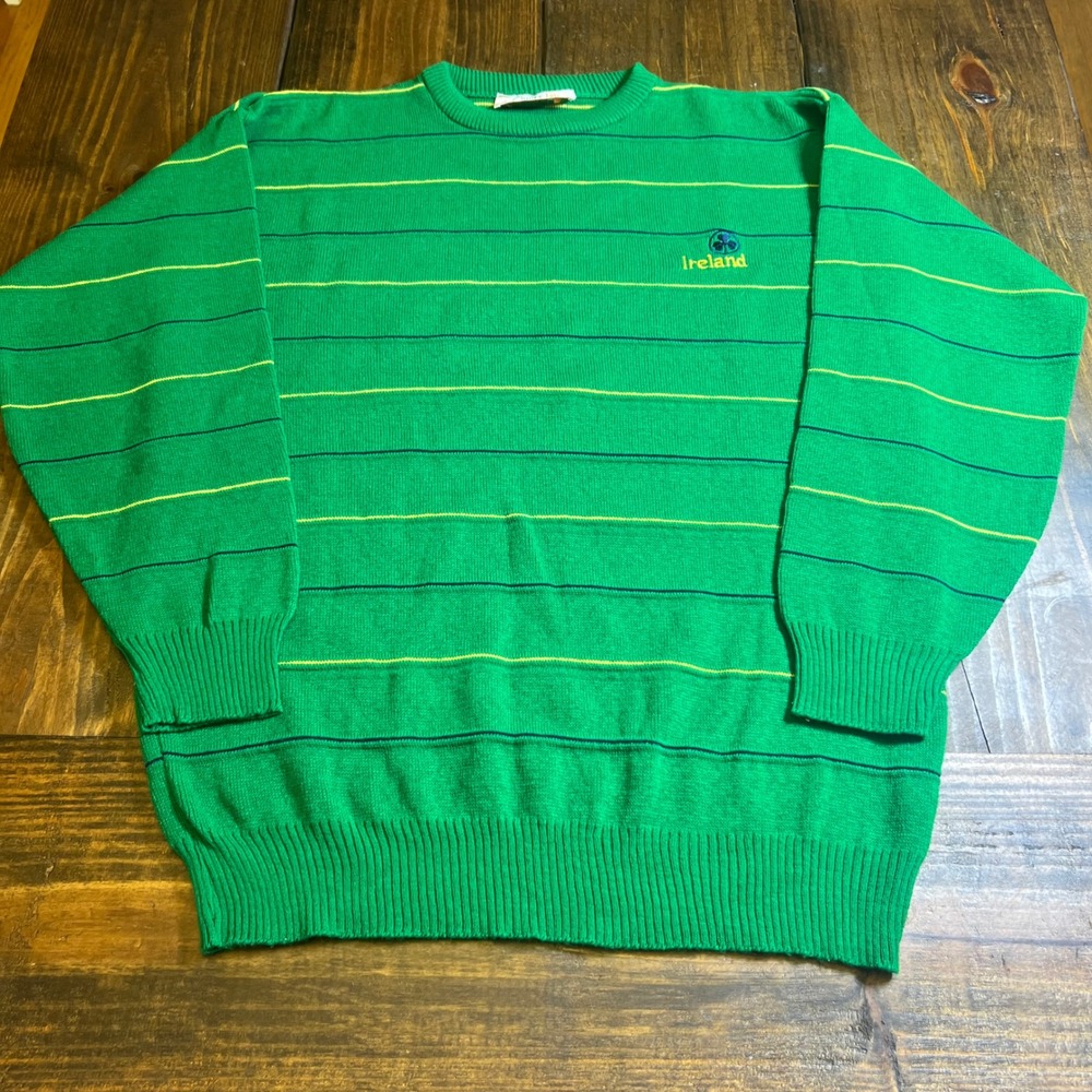 Quills Woollen Market Ireland Green Striped Crewneck Sweater Mens XL‎ Shamrock